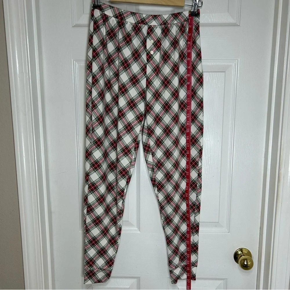Lauren Ralph Lauren Stretchy Poly White Red Green Plaid Holidays Pajama Set S